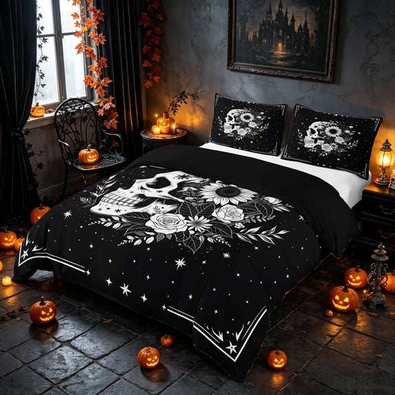 Homewish Gothic Skull Skeleton Duvet Cover Queen, Lunar Stars Queen Bedding, Black White, Black Reversible 3-Piece, 1 Duvet Cover and 2 Pillowcases