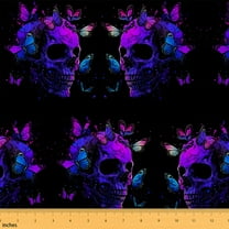 Homewish Gothic Skull Skeleton Fabric by the Yard 1 Yard,Spooky Halloween Home Decor Fabric by the Yard,Purple Butterflies Sewing Fabric For Boys Girls,Super Cozy Room Decor