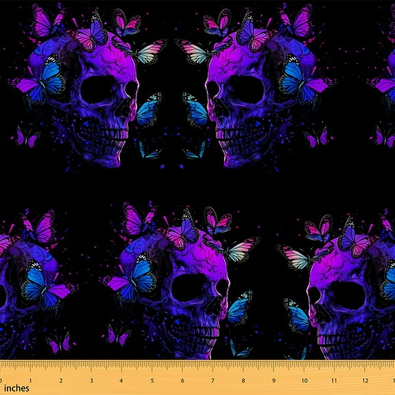Homewish Gothic Skull Skeleton Fabric by the Yard 1 Yard,Spooky Halloween Home Decor Fabric by the Yard,Purple Butterflies Sewing Fabric For Boys Girls,Super Cozy Room Decor