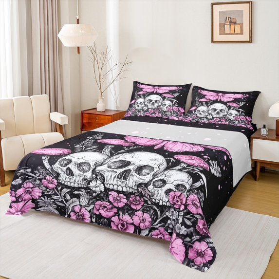 Homewish Gothic Skull Skeleton Queen Sheet Sets,Happy Valentine'S Day Flat Sheet,Pink Moth Flower Queen Fitted Sheet For Teens,Super Cozy Room Decor,4 Pieces