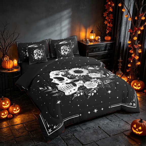 Homewish Gothic Skull Skeleton Twin Bedding, Lunar Stars Bedding Comforter Set, Black White, Black Reversible 7-Piece
