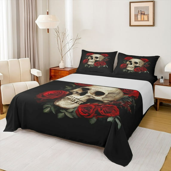Homewish Gothic Skull Twin Sheet Sets 3pcs for Female Men Adults,Red Floral Rose Twin Fitted Sheet Microfiber,Retro Vintage Breathable Flat Sheet,Lightweight Room Decor