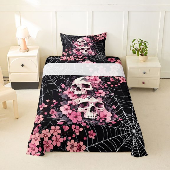 Homewish Gothic Skull Twin Sheets,Happy Halloween Bedding,Pink Flowers Spider Web Bed Set,3pcs,1 Fitted Sheet and 1 Pillowcase