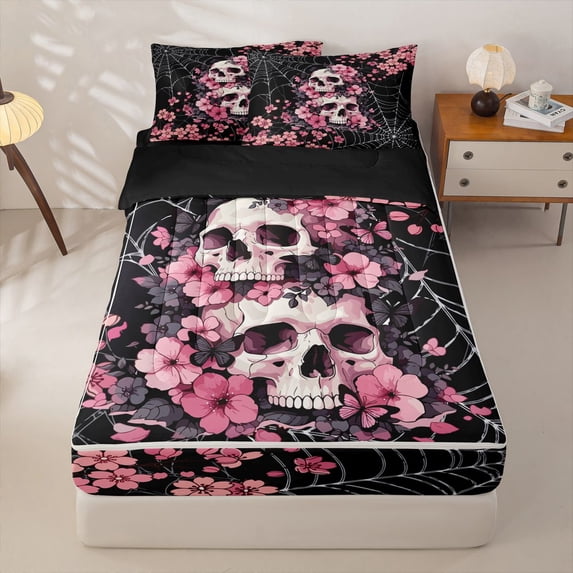 Homewish Gothic Skull Zipper Queen Comforter Set with Fitted Sheet and 2 Pillowcases,Happy Halloween Zipper Bedding Set,Pink Flowers Spider Web Bed Set,Black Reversible,4pcs