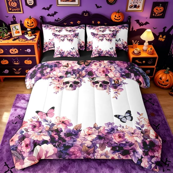 Homewish Gothic Skulls Queen Bedding for Kids, Watercolor Butterfly Wildflower Bedding Comforter Set Queen, Black Reversible, 7-Piece