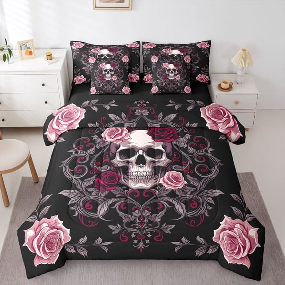 Homewish Gothic Sugar Skull 7-Piece Twin Bedding,Pink Red Damask Flowers Bedding Comforter Set,Halloween Bed Set,Black Reversible