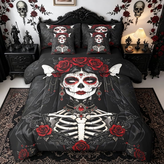 Homewish Gothic Sugar Skull Bride Twin Bedding for Kids, Red Rose Butterfly Bedding Comforter Set, Black Reversible, 7pcs