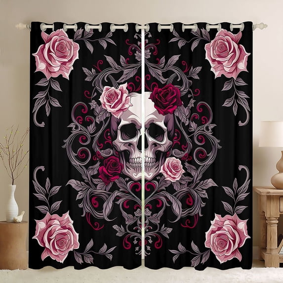 Homewish Gothic Sugar Skull Kitchen Curtains,Pink Red Damask Flowers Black Out Curtains Pack of 2 (42x63 Each),Halloween Living Room Curtains