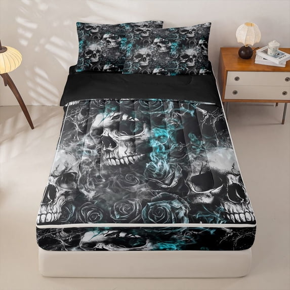 Homewish Gothic Sugar Skull Zipper Queen Comforter Set with Fitted Sheet and 2 Pillowcases,Happy Halloween Zipper Bedding Set,Teal,Black Reversible,4pcs