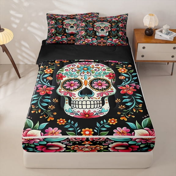 Homewish Gothic Sugar Skull Zipper Twin Comforter Sets with Fitted Sheet and 2 Pillowcases,Watercolor Flowers Zipper Bedding Set,Pink Green,Black Reversible,4pcs