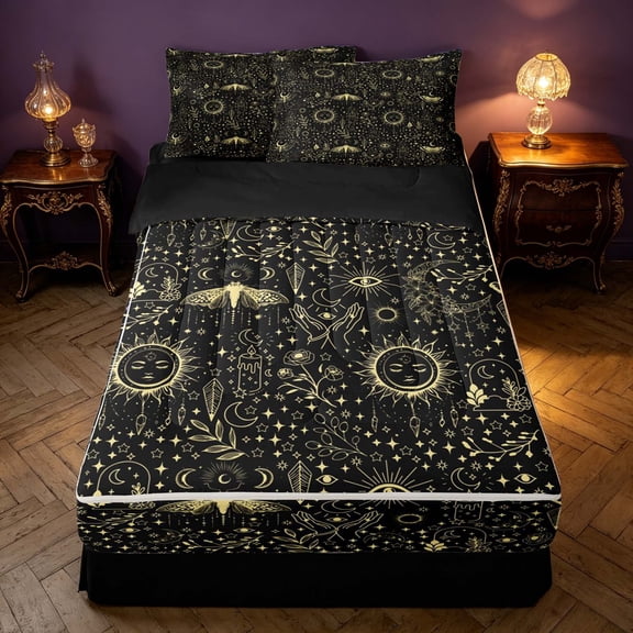 Homewish Gothic Sun Moon Moth Zipper Twin Comforter Sets with Fitted Sheet and 2 Pillowcases, Black and Gold Zipper Bedding Set, Black Reversible