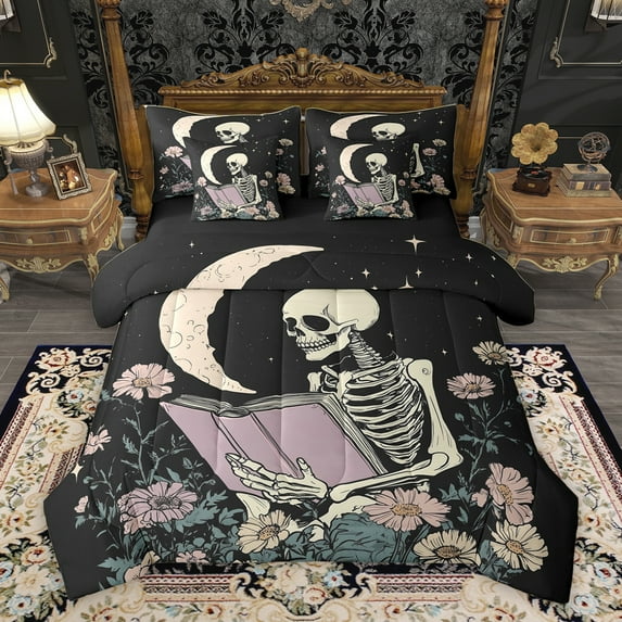 Homewish Gothic Western Skeleton Comforter Set 7pcs for Teen, Mystic Jungle Flower King Bedding Sets, Stars Starry Sky Reversible Bed Sheets, Microfiber Bedroom Decor