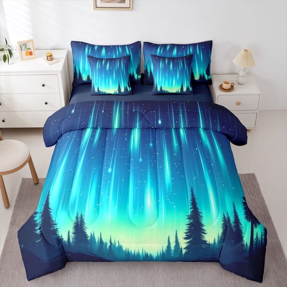 Homewish Gradient Aurora Bedding Comforter Set 7-Piece for Female Men Adults,Starry Sky King Bedding Sets,Abstract Ombre Ultra Soft Bed Sheets,Lightweight Room Decor,Reversible