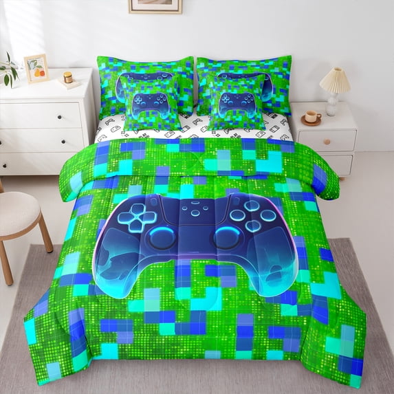 Homewish Gradient Blue Gamepads Boy 7-Piece Bedding Comforter Set,Video Game King Bedding Sets,Geometric Plaid Ultra Soft Bed Sheets,Breathable Home Decor,Reversible
