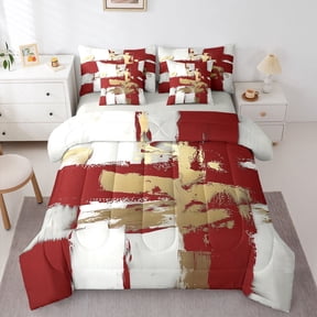 Homewish Gradient Brush Strokes 7-Piece Twin Bedding,Vintage Abstract Bedding Comforter Set,Red Gold,Light Gray Reversible