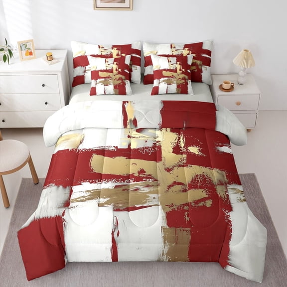 Homewish Gradient Brush Strokes 7-Piece Twin Bedding,Vintage Abstract Bedding Comforter Set,Red Gold,Light Gray Reversible