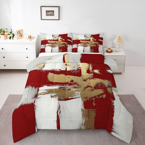 Homewish Gradient Brush Strokes Queen Comforter Set,Vintage Abstract Comforter Sets Queen,Red Gold,Light Gray Reversible,3-Piece,1 Comforter and 2 Pillowcases
