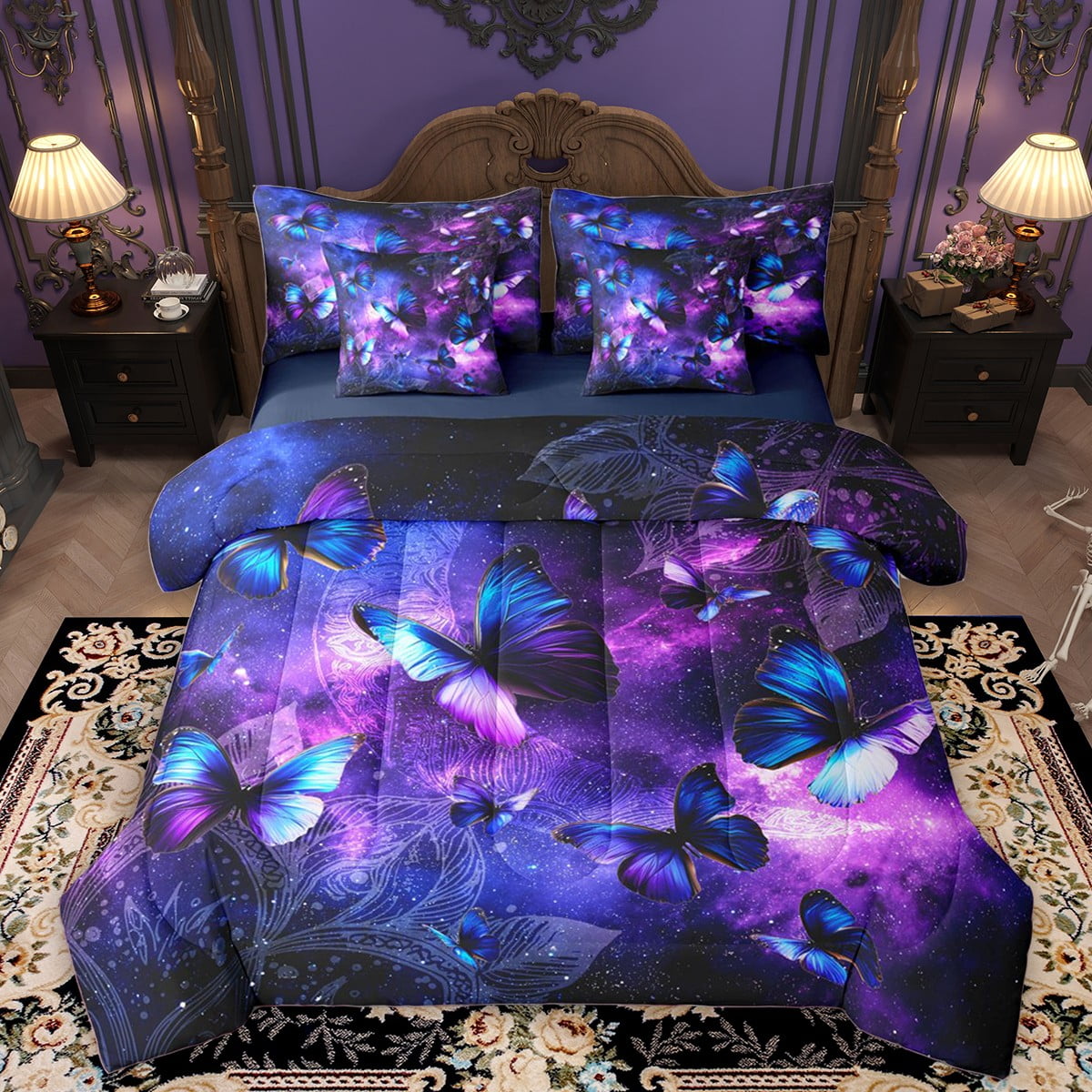Homewish Gradient Butterflies 7pcs Bedding Comforter Set For Teens Adults,Universe Galaxy Queen Bedding Sets Super Cozy,Exotic Style Queen Sheet Sets,Ultra Soft Home Decor,Reversible