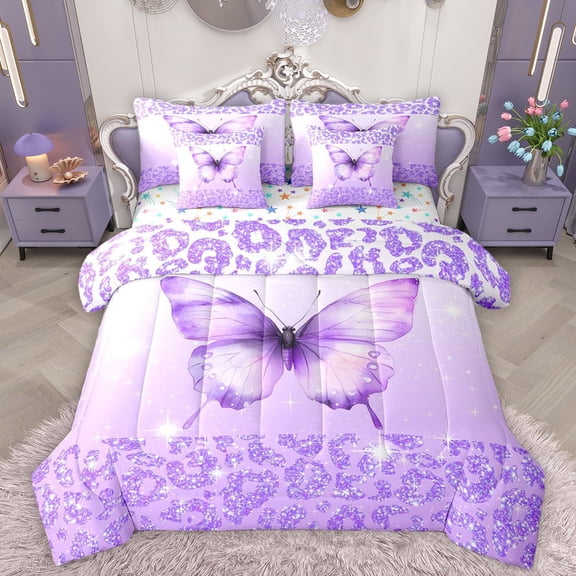 Homewish Gradient Butterfly 7-Piece Twin Bedding Sets For Female Men Adults,Dreamy Princess Bedding Comforter Set,Bling Cheetah Print Breathable Sheet Sets,Lightweight Room Decor,Reversible