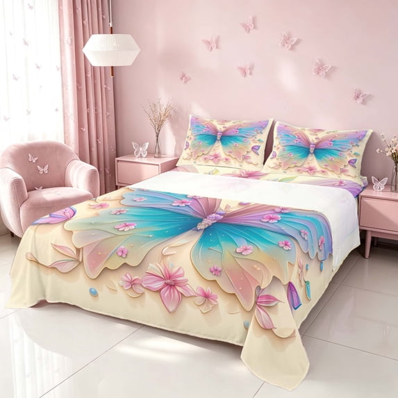 Homewish Gradient Butterfly Bed Sheets for Girls, Pink Floral Flower Full Size Sheets, 4-Piece (1 Flat Sheet, 1 Fitted Sheet and 2 Pillowcases)