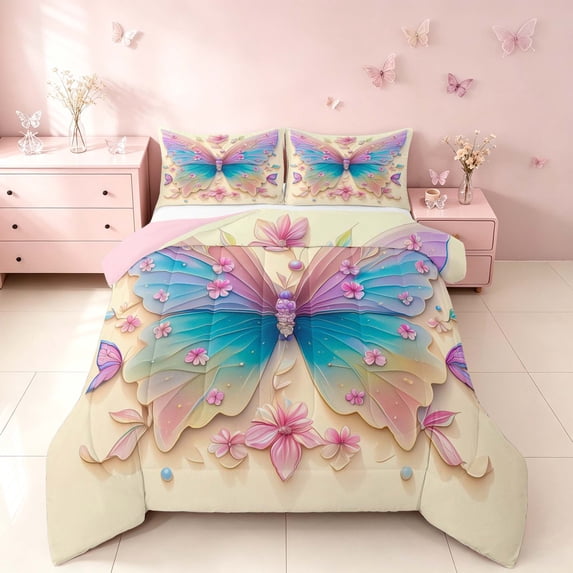 Homewish Gradient Butterfly Full Size Comforter Sets for Girls, Pink Floral Flower Bedding Comforter Set, Pink Reversible, 3-Piece 1 Comforter and 2 Pillowcases