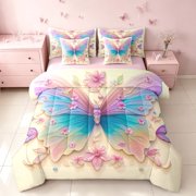 Homewish Gradient Butterfly Twin Bedding for Girls, Pink Floral Flower Bedding Comforter Set, Pink Reversible, 7 Pieces