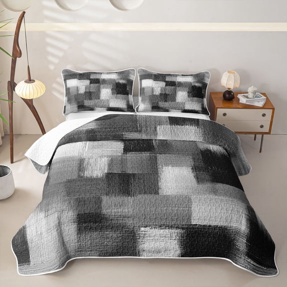 Homewish Gradient Checkerboard Bed Spread Queen,Classic Contemporary Queen Coverlet Set,Dark Gray,3pcs
