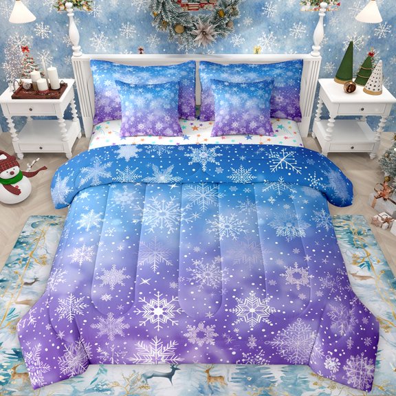 Homewish Gradient Christmas Snowflake Bedding Comforter Set 7 Pieces for Female Men Adults,Happy Xmas Full Bedding Set Lightweight,Blue Purple Ombre Fitted Sheet Flat Sheet,Lightweight Room Decor