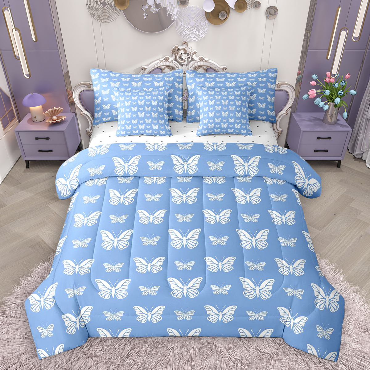 Homewish Gradient Colorful Butterfly 7-Piece Bedding Comforter Set,Flying Animal King Bedding Sets,Blue White Bed Sheets For Girls,Microfiber Bedroom Decor Reversible