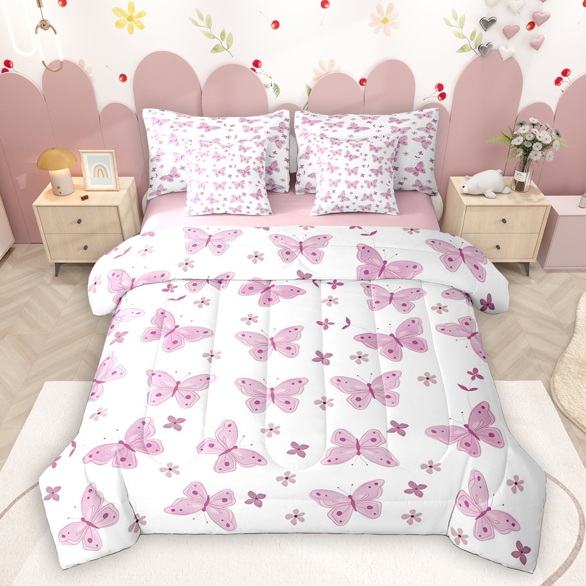 Homewish Gradient Colorful Butterfly 7-Piece Bedding Comforter Set,Flying Animal King Bedding Sets,Pink White Bed Sheets For Girls,Microfiber Bedroom Decor Reversible