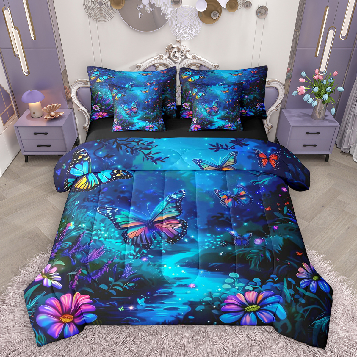 Homewish Gradient Colorful Butterfly 7-Piece Bedding Comforter Set,Watercolor Flower Floral King Bedding Sets,Blue Pink Bed Sheets For Girls,Microfiber Bedroom Decor Reversible