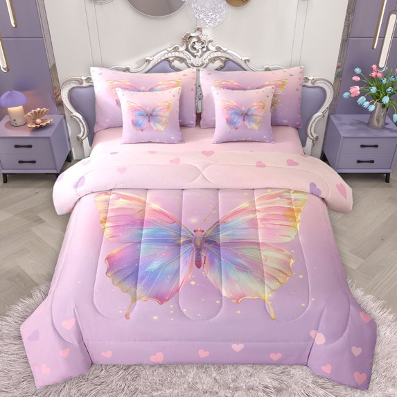 Homewish Gradient Colorful Butterfly 7-Piece Twin Bedding Sets,Flying Animal Bedding Comforter Set,Pink Loves Pattern Sheet Sets For Girls Kids,Super Cozy Room Decor Reversible