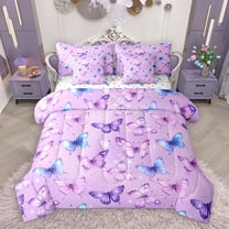 Homewish Gradient Colorful Butterfly 7-Piece Twin Bedding Sets,Flying Animal Bedding Comforter Set,Purple Blue Pink Sheet Sets For Girls,Microfiber Bedroom Decor Reversible