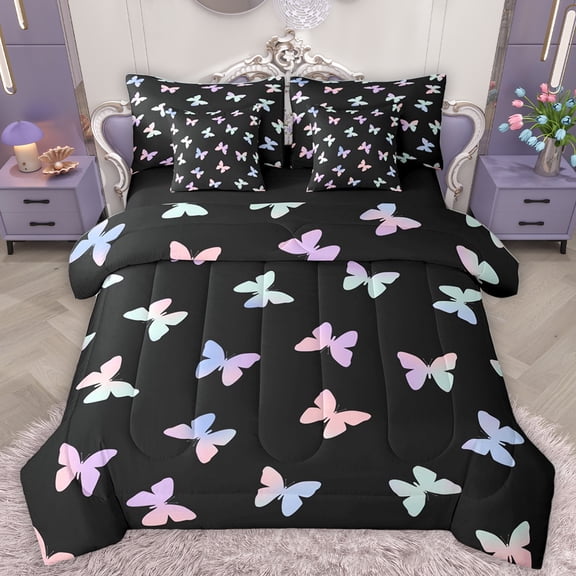 Homewish Gradient Colorful Butterfly 7pcs Bedding Comforter Set,Cartoon Animal Queen Bedding Sets,Rainbow Ombre Queen Sheet Sets For Girl,Luxury Bedroom Decor Reversible