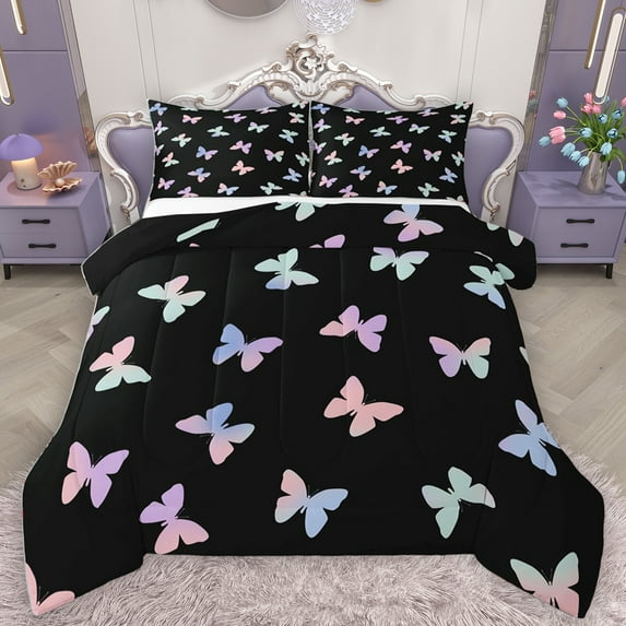 Homewish Gradient Colorful Butterfly Bedding Comforter Set,Cartoon Animal Twin Comforter Sets,Rainbow Ombre Bedding Set For Girl,Luxury Bedroom Decor Reversible,2pcs