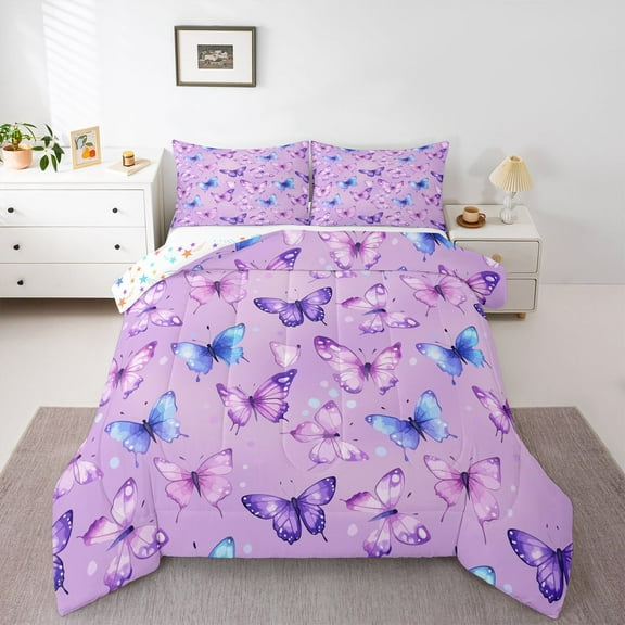 Homewish Gradient Colorful Butterfly Bedding Comforter Set,Flying Animal Twin Comforter Sets,Purple Blue Pink Bedding Set For Girls,Microfiber Bedroom Decor Reversible,2 Pieces