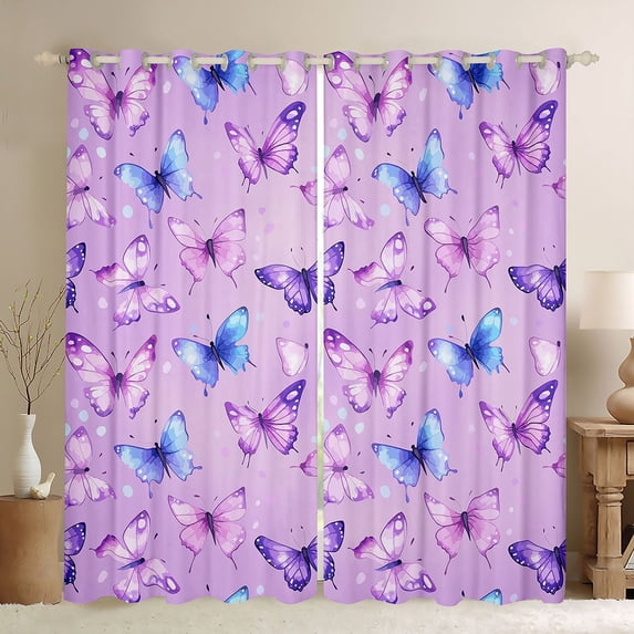 Homewish Gradient Colorful Butterfly Black Out Curtains,Flying Animal Curtains Pack of 2 (42x63 Each),Purple Blue Pink Bedroom Curtains For Girls,Microfiber Bedroom Decor