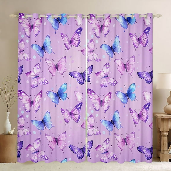 Homewish Gradient Colorful Butterfly Black Out Curtains,Flying Animal Curtains Pack of 2 (42x63 Each),Purple Blue Pink Bedroom Curtains For Girls,Microfiber Bedroom Decor