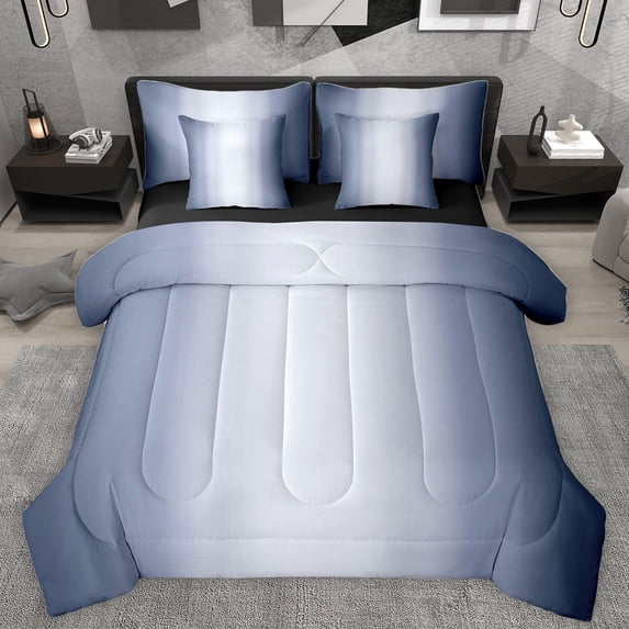 Homewish Gradient Deepblue White 7pcs Bedding Comforter Set,Stripes Print Queen Bedding Sets,Abstract Geometric Aesthetic Queen Sheet Sets For Kids,Microfiber Bedroom Decor Reversible