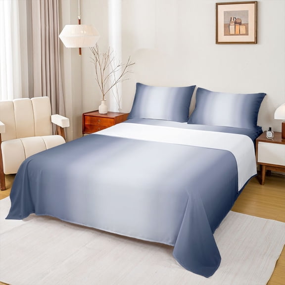 Homewish Gradient Deepblue White Queen Sheet Sets,Stripes Print Flat Sheet,Abstract Geometric Aesthetic Queen Fitted Sheet For Kids,Microfiber Bedroom Decor,4 Pieces