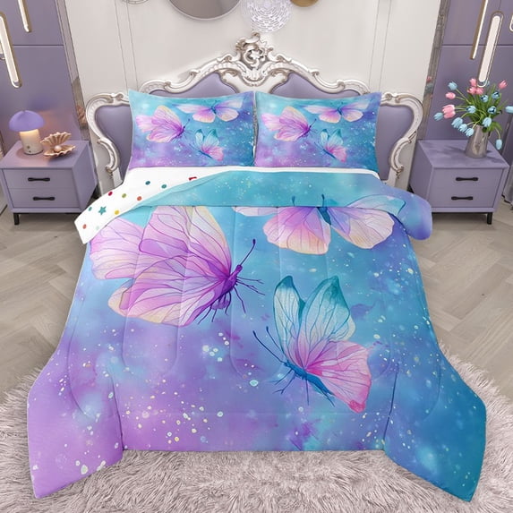 Homewish Gradient Flying Butterflies 3 Pieces Queen Comforter Set for Teens Children Girls,Abstract Ombre Ultra Soft Bedding Sets,Dreamy Princess Bedding Comforter Set