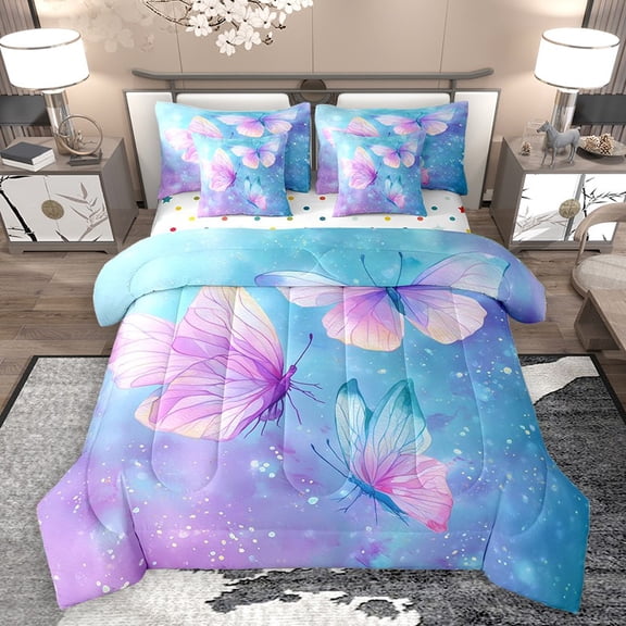 Homewish Gradient Flying Butterflies 7-Piece Twin Bedding Sets for Teens Children Girls,Abstract Ombre Bedding Comforter Set,Dreamy Princess Breathable Sheet Sets,Ultra Soft Home Decor,Reversible