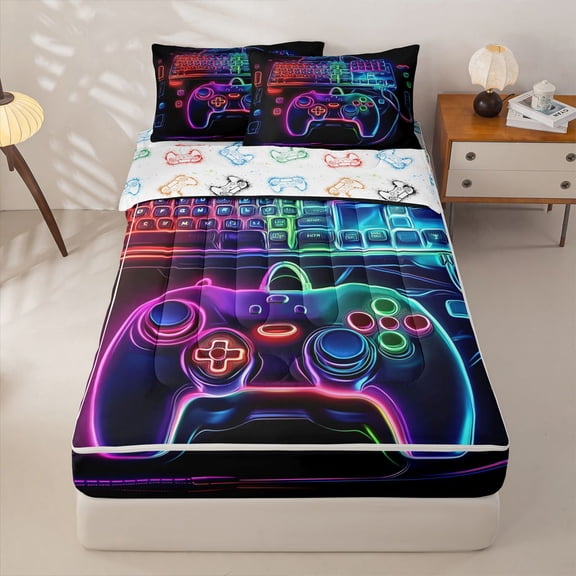 Homewish Gradient Game Console Zipper Twin Comforter Sets with Fitted Sheet and 2 Pillowcases For Boys,Gaming Gamer Zipper Bedding Set,Gamepad Reversible,4-Piece