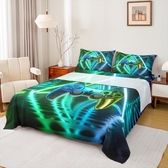 Homewish Gradient Gamepads 4 Pieces Queen Sheet Sets For Boys Girls,Abstract Ombre Gamer Ultra Soft Flat Sheet,Video Game Queen Fitted Sheet,Microfiber Bedroom Decor