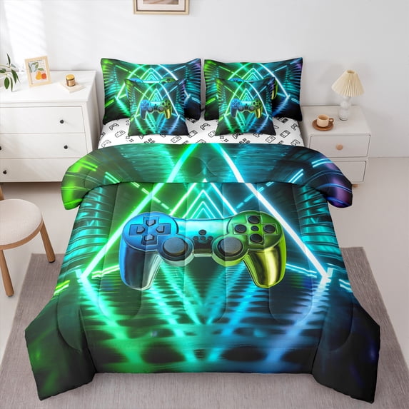 Homewish Gradient Gamepads 7-Piece Twin Bedding Sets For Boys Girls,Abstract Ombre Gamer Bedding Comforter Set,Video Game Breathable Sheet Sets,Microfiber Bedroom Decor,Reversible