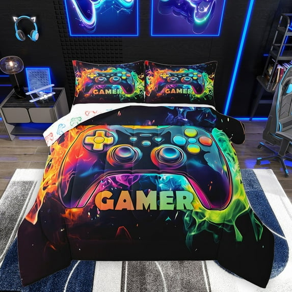 Homewish Gradient Gamepads Bedding Comforter Set 2pcs for Kids Children Boys,Abstract Ombre Gamer Twin Comforter Sets Microfiber,Video Game Breathable Bedding Set,Super Cozy Room Decor,Reversible
