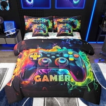 Homewish Gradient Gamepads Twin Bedding Sets 7-Piece for Kids Children Boys,Abstract Ombre Gamer Bedding Comforter Set Microfiber,Video Game Breathable Sheet Sets,Super Cozy Room Decor,Reversible
