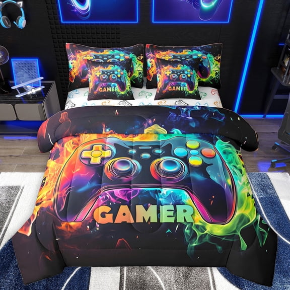 Homewish Gradient Gamepads Twin Bedding Sets 7-Piece for Kids Children Boys,Abstract Ombre Gamer Bedding Comforter Set Microfiber,Video Game Breathable Sheet Sets,Super Cozy Room Decor,Reversible
