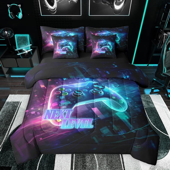 Homewish Gradient Gamepads Twin Bedding Sets 7-Piece for Kids Teens,Futuristic Cubes Plaid Bedding Comforter Set Microfiber,Abstract Ombre Video Game Breathable Sheet Sets,Luxury Bedroom Decor