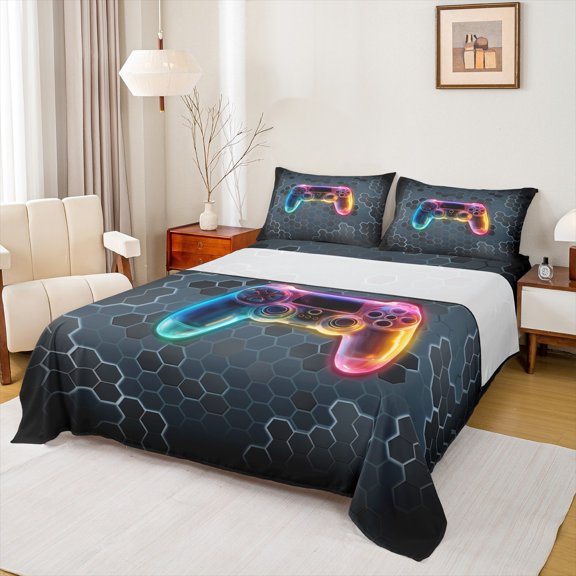 Homewish Gradient Gamepads Twin Sheet Sets 3pcs for Kids Teens,Geometric Honeycomb Hexagon Twin Fitted Sheet Microfiber,Abstract Video Game Breathable Flat Sheet,Luxury Bedroom Decor